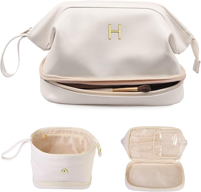 Gifts for Girls, Initial Large Makeup Bag, Personalized Double Layer Cosmetic Bag with Makeup Brush Organizer, PU Leather Travel Toiletry Bag Gift For Daughter, Preppy Things For Girls