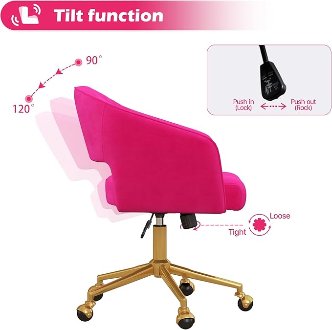 Home Office Chair Swivel Velvet Desk Chair Accent Armchair Upholstered Modern Tufted Chairs with Gold Base for Girls Women Ergonomic Study Seat Computer Task Stools for Living Room(Hot Pink)