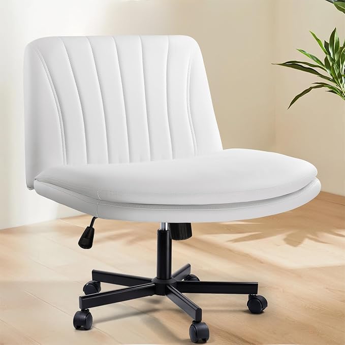 Criss Cross Chair, PU Leather Vanity Chair with Wheels, Armless Cross Legged Home Office Chair, Wide Seat Swivel Criss Cross Desk Chair, Height Adjustable Vanity Chair with Back, White