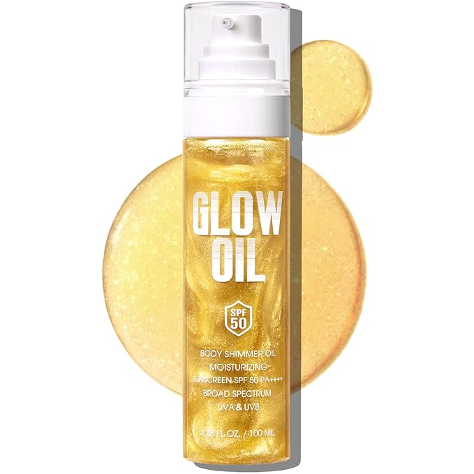 Body Glow Oil, Broad Spectrum SPF 50, Glitter Shimmer Sunscreen Body Oil Lotion with Sequin Mica, Lightweight Non-Sticky Moisturizer with Coconut, Skin Illuminator Glowing Results (03# Gold)