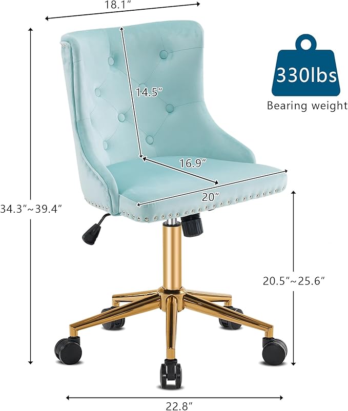 VINGLI Light Blue Armless Home Office Desk Chair with Gold Base/Wheels, Small Cute Vanity/Makeup Chair with Back for Bedroom, Upholstered Adjustable Rolling Swivel Nail Chair for Women/Girls