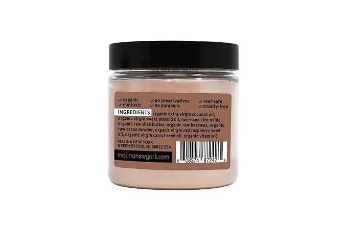 Malina™ Organic Chocolate Tinted Natural Sunscreen | SPF 30+ | Nontoxic | Reef-Safe | No Preservatives | No Synthetic Fragrance | 3 Shades | With Non-Nano Zinc-Oxide (4 Fl Oz, Light)
