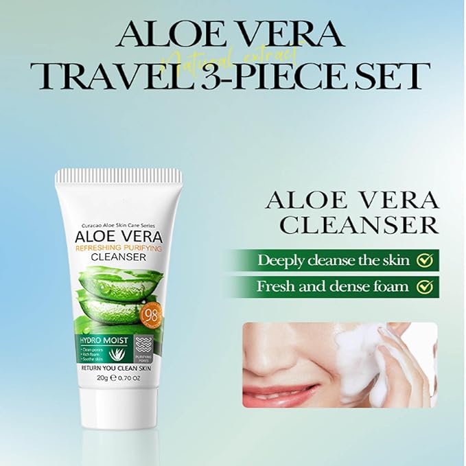 Aloe Vera Travel Skin Care Set, Mini Travel Essentials, 3 Piece Face Routine Set For Women Travel Size Skincare Kit With Aloe Vera Cleanser, Face Gel, Toner | Travel Essentials Gift Set
