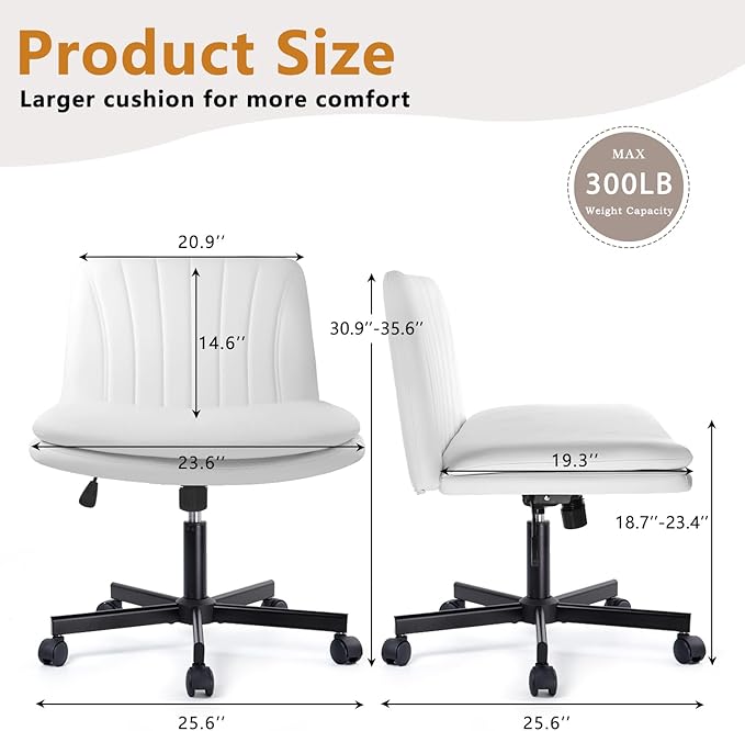 Criss Cross Chair, PU Leather Vanity Chair with Wheels, Armless Cross Legged Home Office Chair, Wide Seat Swivel Criss Cross Desk Chair, Height Adjustable Vanity Chair with Back, White