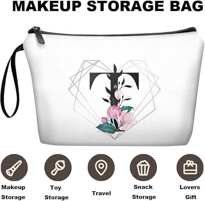 Personalized Initial T floral Makeup Bag set with Mirror for Women,White Ietter T Bride Bridesmaid travel Cosmetic bag kit with10 pieces pink brush set,Initial T Gifts for Girls Mom femal Friends