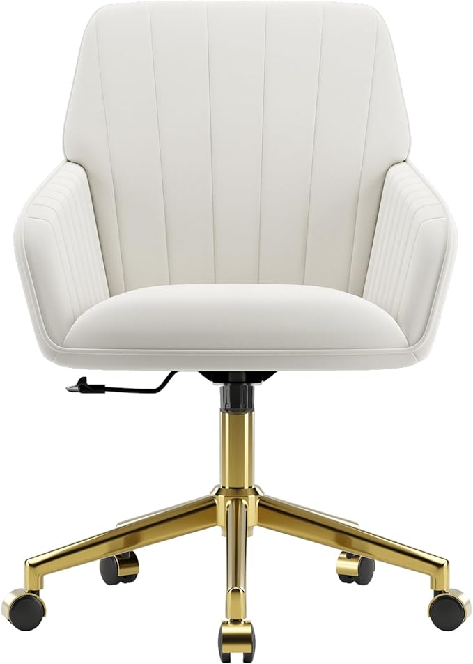 YISHENG Velvet Home Office Chair with Gold Base Upholstered Tufted Modern Height Adjustable 360 Degree Swivel Desk Chair with Wheels, Vanity Chairs for Living Room, Bedroom,Study Room (Cream)