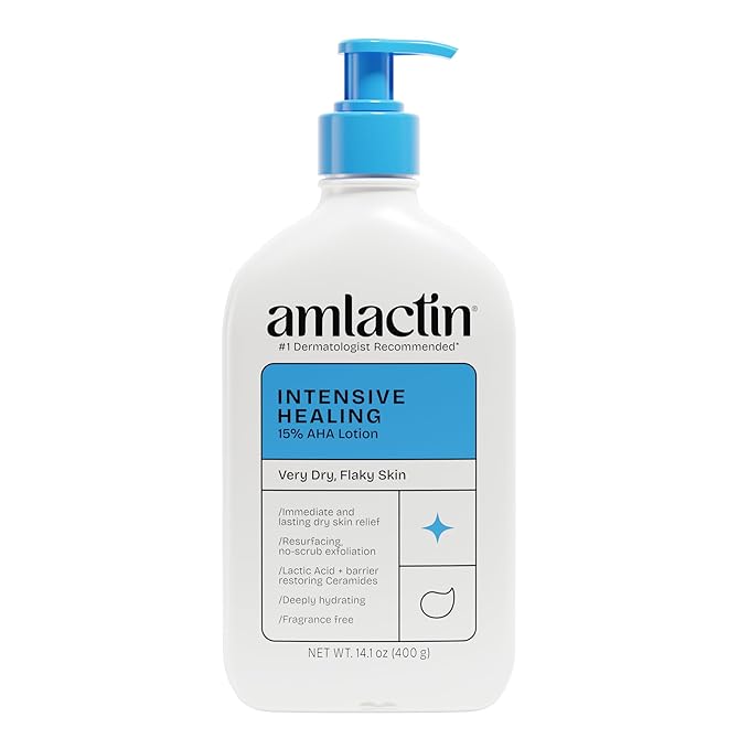 AmLactin Intensive Healing Body Lotion - Therapeutic Lotion for Extremely Dry Skin - No-Scrub Exfoliator and Moisturizer with 15% Lactic Acid AHA and Ceramides, 14.1 oz (Packaging May Vary)