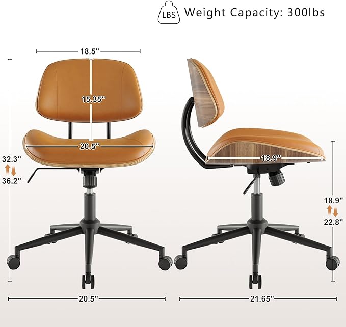 Armless Office Chair with Wheels, PU Leather Adjustable Height Desk Chair, 360° Swivel Ergonomic Computer Chair for Small Space, Modern Walnut Style, Home Office & Meeting Room, Brown