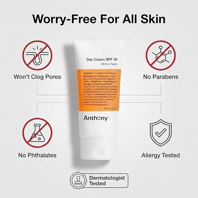 Anthony Day Cream SPF 30 Men’s Face Moisturizer with Sunscreen – Anti-aging Face Lotion and Broad-Spectrum Sunblock – Lightweight, Non-Comedogenic Formula for All Skin Types – 3 Fl Oz