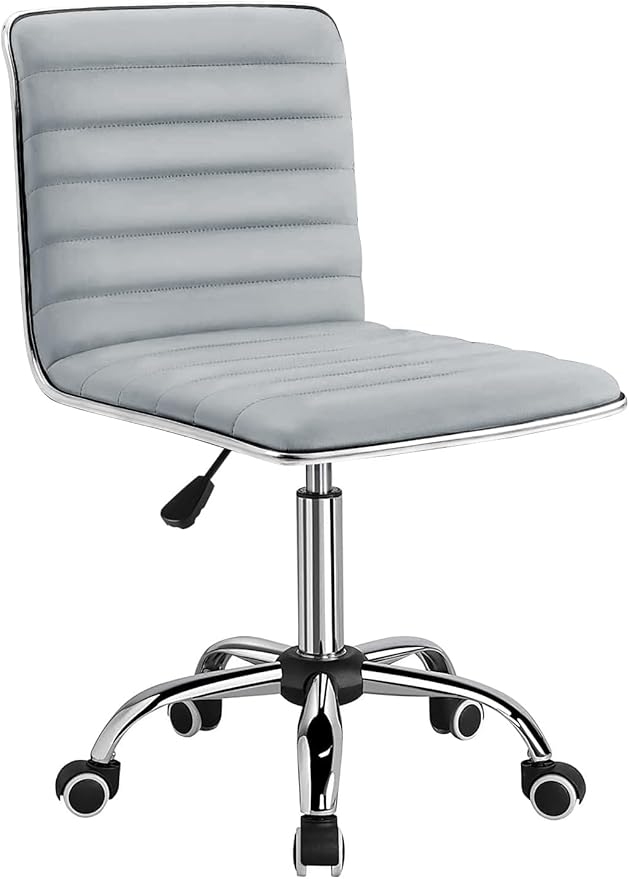 Furmax Vanity Office Desk Chair with Wheels, Armless Small Cute Leather Makeup Computer Task Chair Adjustable Height 360° Swivel (Light Grey)