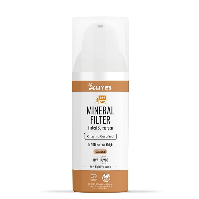 Aliye’s Tinted Organic Sunscreen SPF 50+ | Ecocert Cosmos Certified | 100% Mineral & Vegan Sun Protection | Safe for Sensitive Skin | 50ml (Natural)