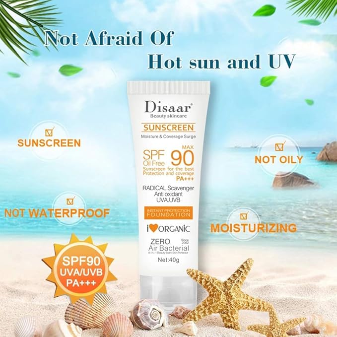 DISAAR BEAUTY Sunscreen SPF 90 PA+++, High Protection Oil-Free Sunblock with UVA/UVB Defense, Moisturizing and Lightweight Foundation Coverage, 40g (1.41oz)