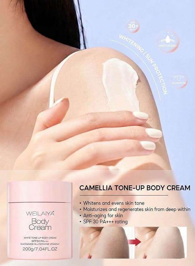 Weilaiya Camellia for Face & Body Day Cream SPF3O PA+++ NACINAMIDE GLUTATHIONE VITAMIN C (200g/7.04FL.OZ) Brightening, anti-aging, moisturizer, hydrate, non-comedogenic, water-proof, non-sticky