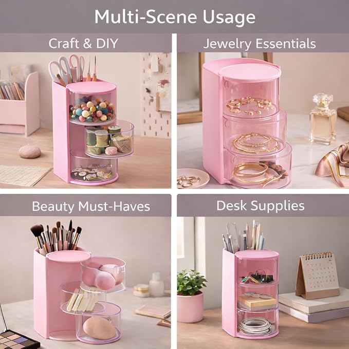 Hair Accessories Organizer with Hair Brush Holder, Rotating Makeup Brush Caddy for Girls Women, 3-Tier Clear Storage for Hair Clips, Ties, Jewelry & Necklaces, Pink