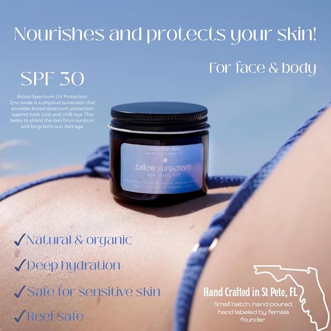 Natural Tallow Sunscreen with Zinc Oxide, SPF 30, Moisturizing Face and Body Protection