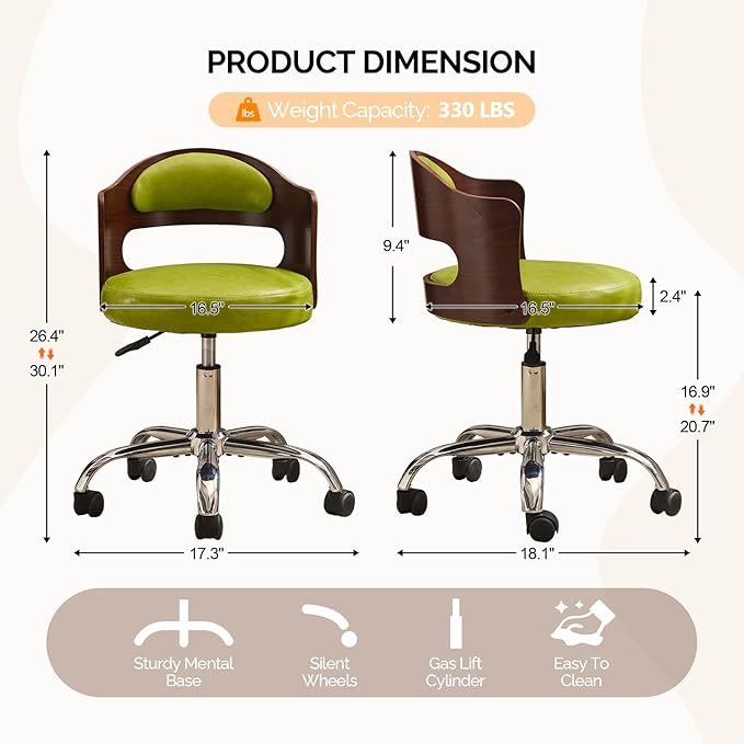 VINGLI Armless Home Office Desk Chair, Adjustable Swivel Chair,Dual-Use with/no Wheels,Small Retro Designed Walnut Curved Task Chair,Cushioned Nail Tech Chair for Study Area,Workspace,PU,Grass Green
