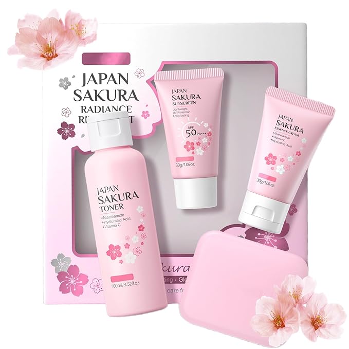 Cherry Blossom Skin Care Set, 4-Piece Skincare Gift Set for Women & Teens Girls Includes Handmade Face Soap , Toner, Essence Cream, SPF 50 Sunscreen with Rice Extract & Vitamin C All Skin Types