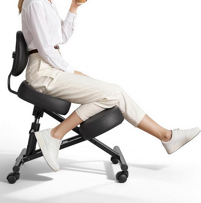 VEVOR Ergonomic Kneeling Chair with Backrest & Wheels, Mobile X-Shaped Posture Knee Chair with Adjustable Height & Thick Foam Cushions, Relief for Neck or Back Pain for Home, Office, Meditation, Black