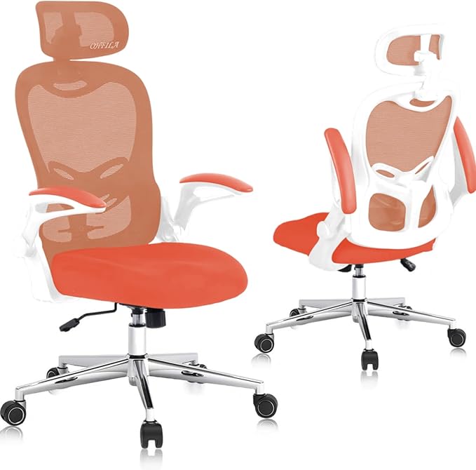 Office Chair, Ergonomic Breathable Mesh Chair,Flip-Up Arms and Adjustable High Back Lumbar Support,Comfy Computer Chair for Home Office (Orange, 407)