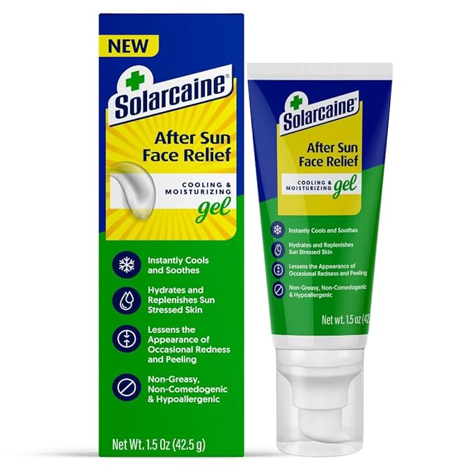 Solarcaine After Sun Face Gel, Cooling & Moisturizing Relief for Sun-Stressed Skin, Redness & Peeling, Non-Greasy, Hypoallergenic, Fragrance-Free, Non-comedogenic 1.5 oz