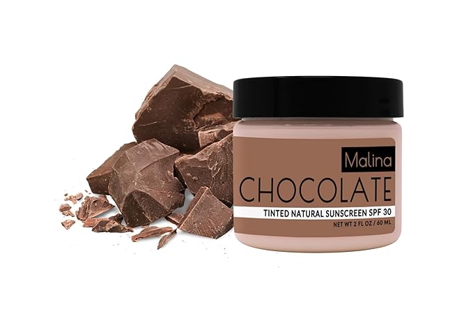 Malina™ Organic Chocolate Tinted Natural Sunscreen | SPF 30+ | Nontoxic | Reef-Safe | No Preservatives | No Synthetic Fragrance | 3 Shades | With Non-Nano Zinc-Oxide (2 Fl Oz, Light)