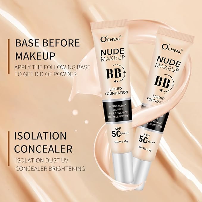 O'CHEAL BB Cream with SPF 50+ | Full Coverage Tinted Moisturizer with Buildable Concealer Powder Foundation, Oil-Free, Hydrating & Matte Finish | Vegan, Cruelty-Free, for All Skin Types(Ivory)