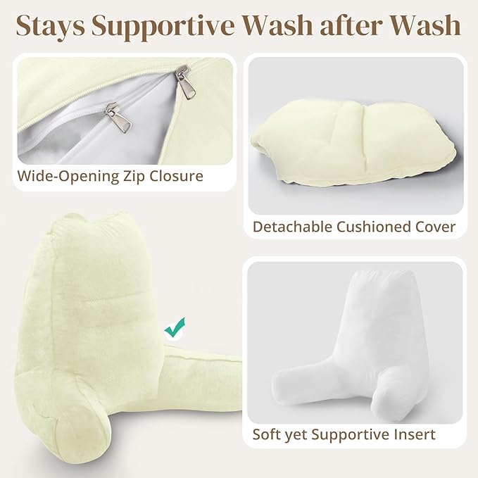 Sasttie Reading Pillow for Bed - 23 Inch, Back Pillow for Bed Sitting Up, Back-Rest Support Cushion with Side Pockets and Arms, Dorm Essentials, Oeko-Tex Certified, Cream
