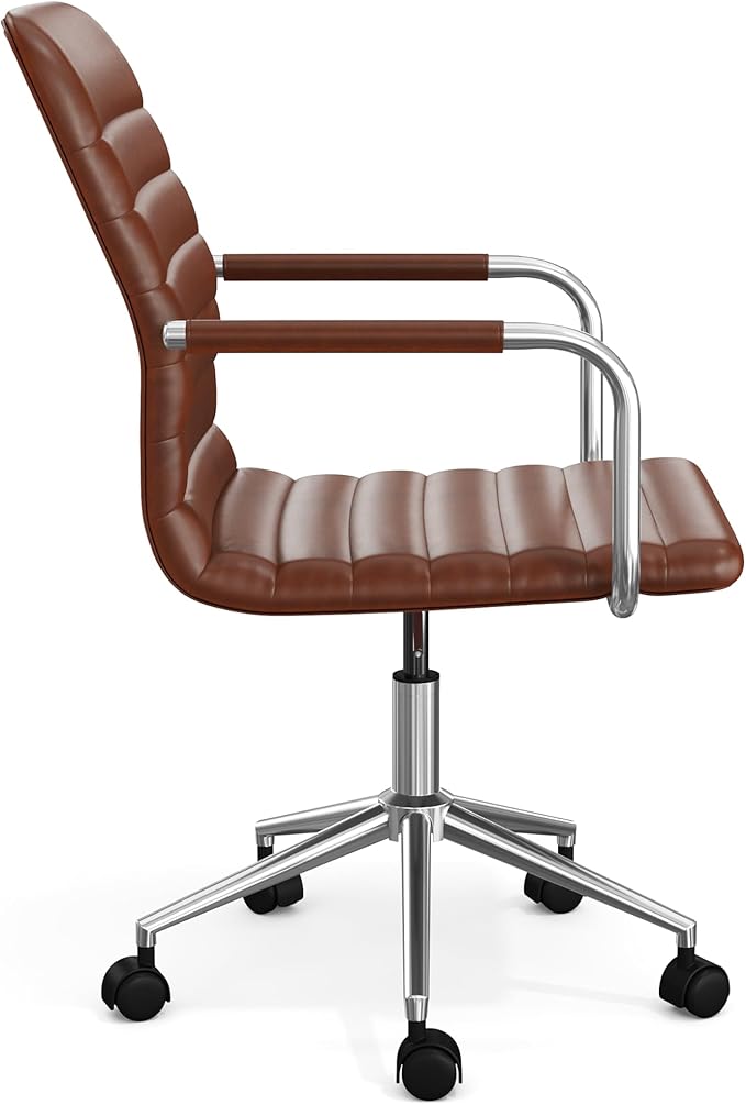 Martha Stewart Taytum Swivel Task Chair with Armrests for Home Office in Saddle Brown Faux Leather with Polished Nickel Frame