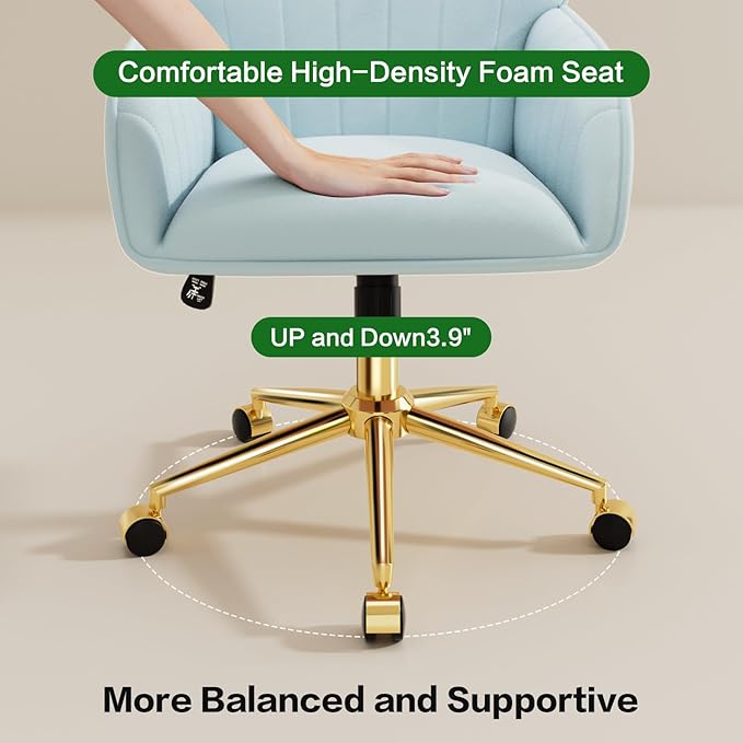 Home Office Desk Chair Comfy with Adjustable Swivel Wheels, Modern Velvet Makeup Vanity Chair with Back & Pillow, Ergonomic Office Chair Computer Task Chair for Living Room, Bedroom, Blue