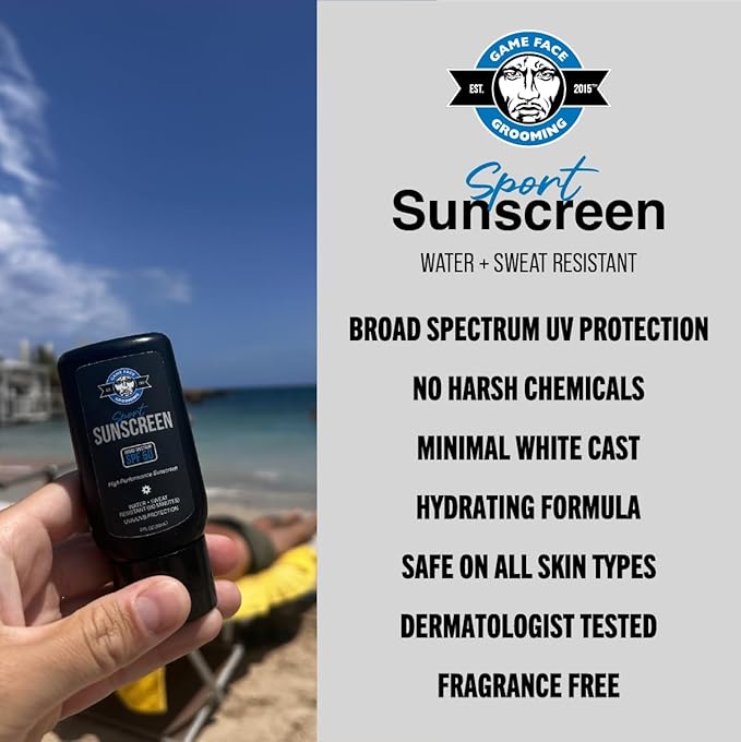 Game Face Sport Sunscreen SPF 50+, Broad-Spectrum Sunblock, UVA/UVB Protection, Water & Sweat Resistant, Lightweight & Non-Greasy Formula, Travel Friendly - 2 fl oz