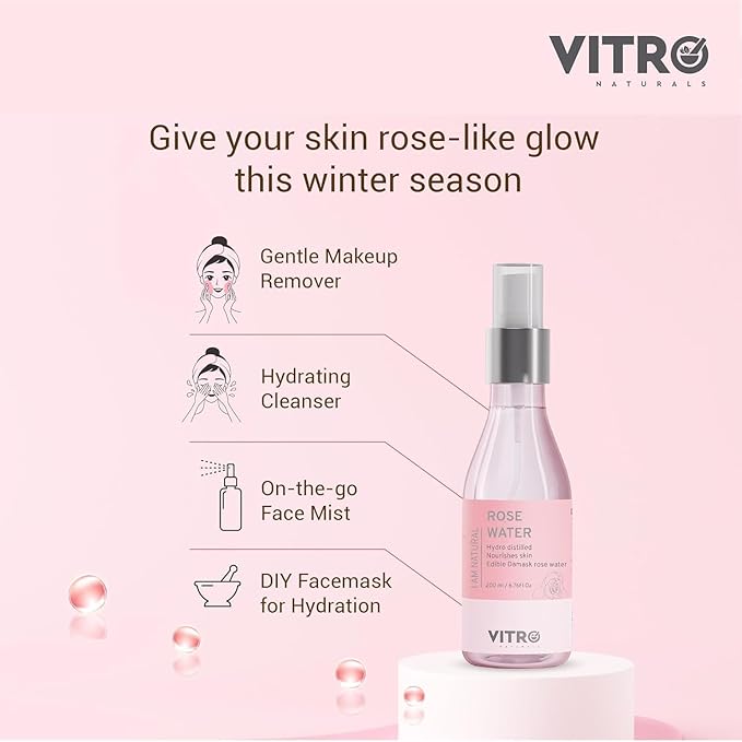 Vitroo 100% Natural Rose Water Face Toner | Hydrating & Alcohol-Free | Tightens Pores, Balances pH | for All Skin Types | 200ml