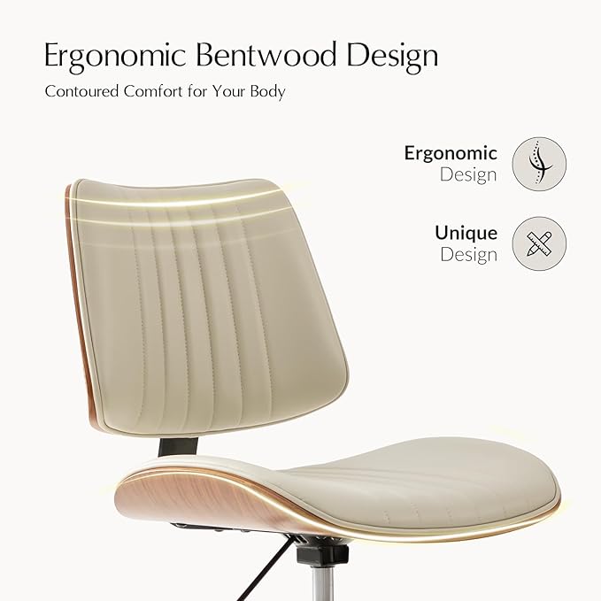 HULALA HOME Faux Leather Home Office Chair with Solid Wood Legs, 360° Swivel Desk Chair No Wheels with Bentwood Design, Mid-Century Modern Wide Seat Computer Task Chair, Ivory