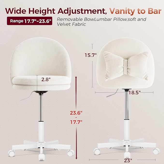 GTPLAYER Velvet Tall Office Chair with Wheels Vanity Chairs with Back, Versatile Height Use: Office to Bar Stools Small Ergonomic Comfy Armlees Computer Desk Chair with Bow Lumbar Pillow for Gift
