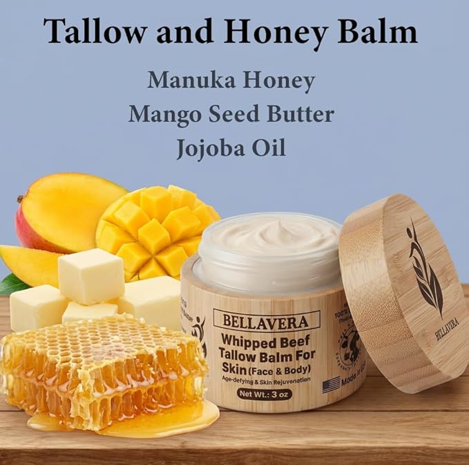 Whipped Tallow and Honey Balm for Face & Body – Manuka honey and Grass Fed Beef Tallow Face Moisturizer – Anti Wrinkle & Anti Aging Cream – Cebo de Res – Made in USA -With Frankincense -3 oz