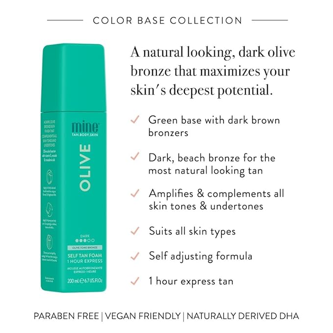 Minetan Olive Self Tanning Foam | Color Base Tan Collection - Dark Beach Bronze Glow, 1 Hour Instant Express, Face & Body Fake Sunless Tanner Mousse, For All Skintones, 6.7 Fl Oz