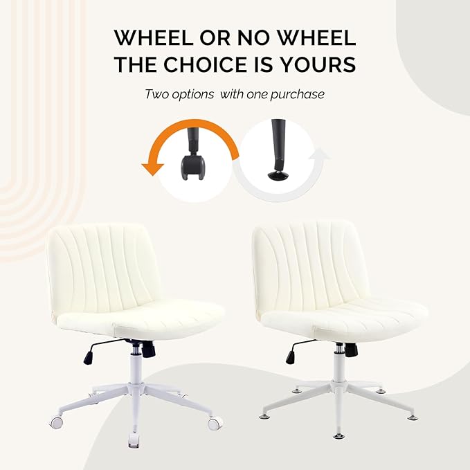 VINGLI Criss Cross Legged Chair,Wide Comfy Office Desk Chair,Dual-Use with/no Wheels Computer Task Chair,Swivel Armless Vanity Rolling Chair for Study,Make Up,Home Office,Cat Scratch PU Leather,Beige