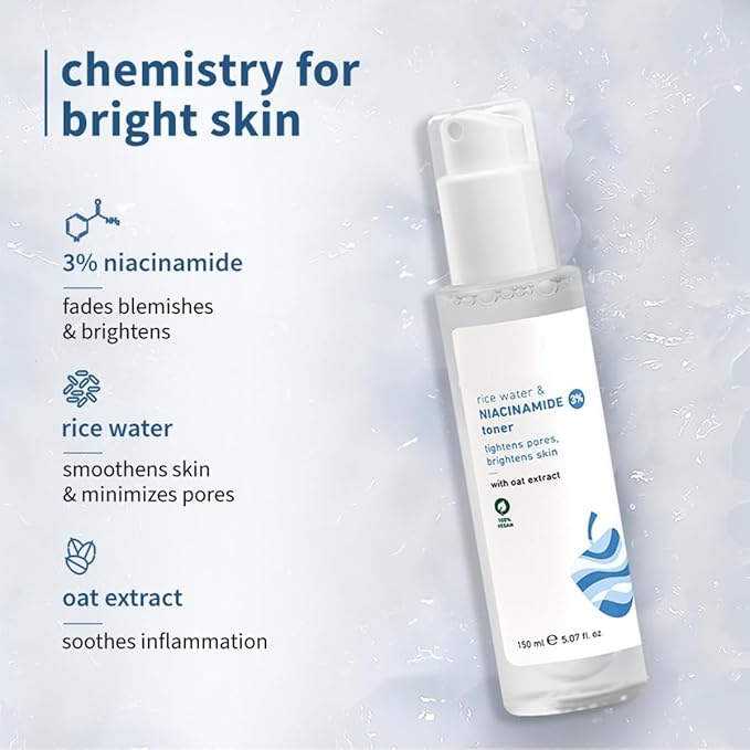 3% Niacinamide & Rice Water Face Toner | Alcohol-Free Toner for Oily Acne Prone Dry Combination Skin | Pore Tightening & Glowing Skin |Fades Blemishes, Brightens & Smoothens | Women & Men | 150ml