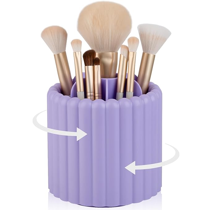 Anyoifax 360 Rotating Makeup Brush Holder 7 Slots Make Up Brush Organizer Removable Spinning Cosmetic Brushes Storage Pen Holder for Vanity, Dresser, Desk, Purple