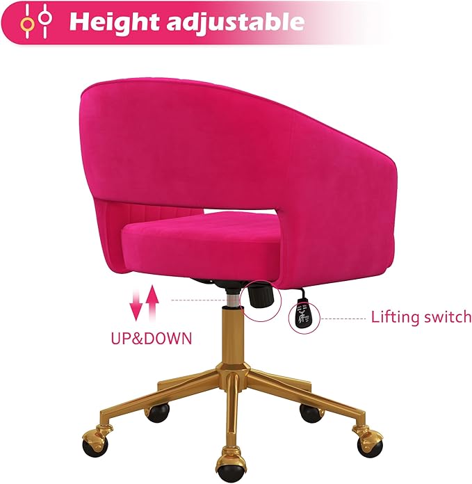 Home Office Chair Swivel Velvet Desk Chair Accent Armchair Upholstered Modern Tufted Chairs with Gold Base for Girls Women Ergonomic Study Seat Computer Task Stools for Living Room(Hot Pink)
