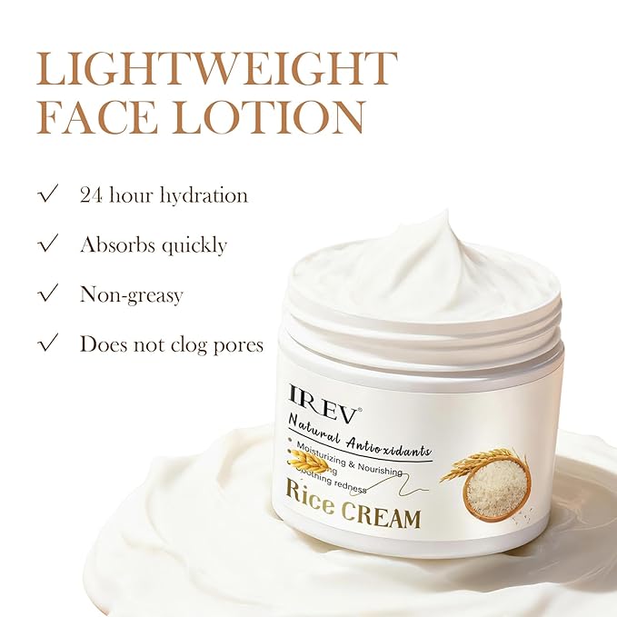 IREV Rice Moisturizing Cream, Hydrating Face Moisturizer For Dry, Combination Skin, Daily Face Cream, Targets Dryness, Strengthens Skin Barrier, Lightweight, Fast Absorbing 1.76oz 50g
