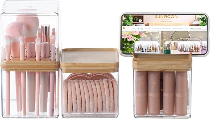 Makeup Brush Holder Comb with Cover Makeup Containers Organizers Set Makeup Holder Box Cosmetic Case With Lid Waterproof Dustproof Beauty Skincare Organizer Bathroom Vanity Countertop,Gift,Clear,3PCS