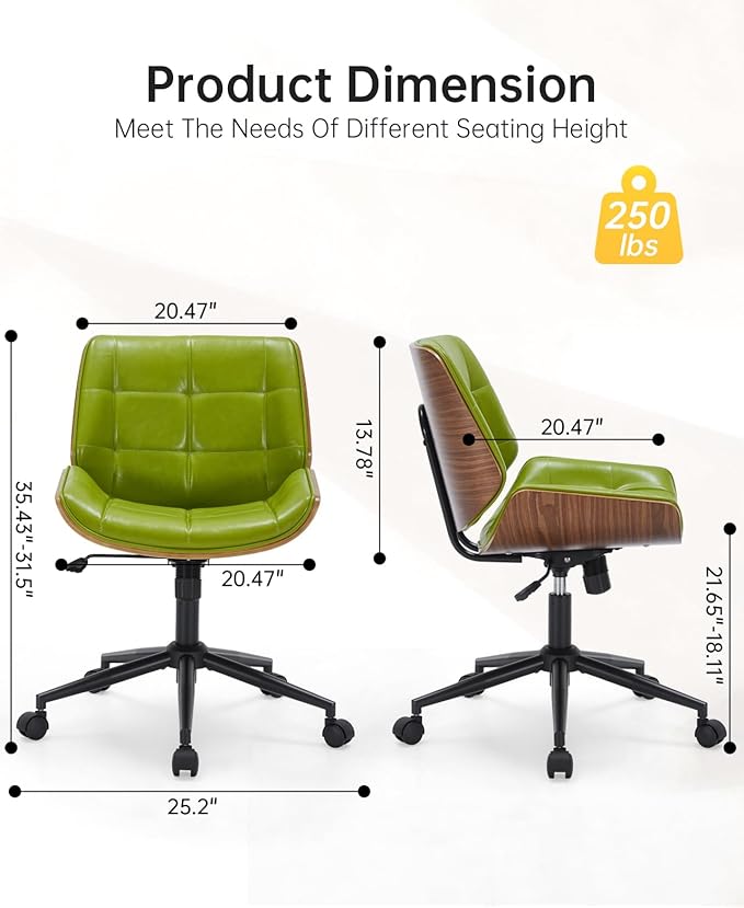 Mid-Century Modern Home Office Chair,Accent Ergonomic Desk Chair with Walnut Finish&PU Leather,Armless Executive Computer Chair with 360° Swivel Rolling Wheels for Vanity, Bedroom&Workspace (Green)