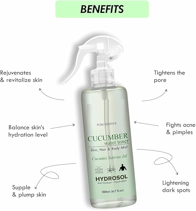 TV Cucumber Water Toner/Mist Spray/Hydrosol -Hydrating, Refreshing Skin & Hair Care Solution - pH Balancing, Acne-Fighting, Daily Use Formula 200ml