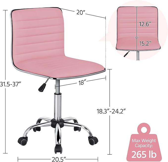 Yaheetech Pink Low Back PU Leather Ribbed Armless Office Chair, Ergonomic Swivel Task Chair with Wheels for Women