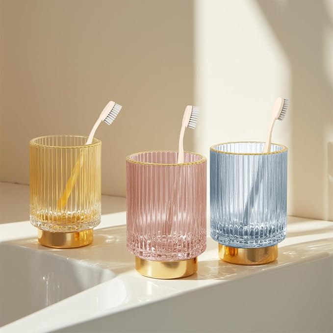 Makeup Brush holder Organizer, Crystal Glass Toothbrush Holders, Striped Make Up Brush Holder for Vanity, Pen Holder for Desk, Vase -White (S+L)