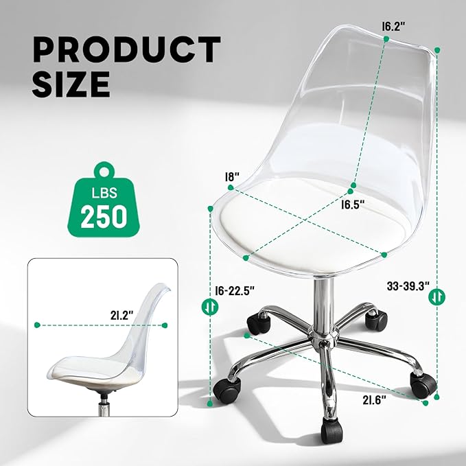 Lessmore Clear Acrylic Desk Chair with Pu Leather Cushion, Adjustable Home Office Chair with Wheels, Rolling Armless Vanity Chair for Office, Home, Make Up, Small Space, Bedroom(Silver)