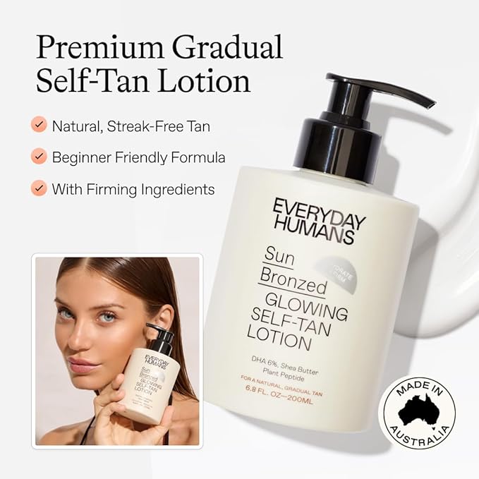 Sun Bronzed Gradual Self Tanning Lotion Australian Made 6.8 fl.oz | Moisturizing & Firming Self Tanner with Peptides | Streak-Free Luxe Sunless Tanner With Vetiver & Santal | Everyday Humans