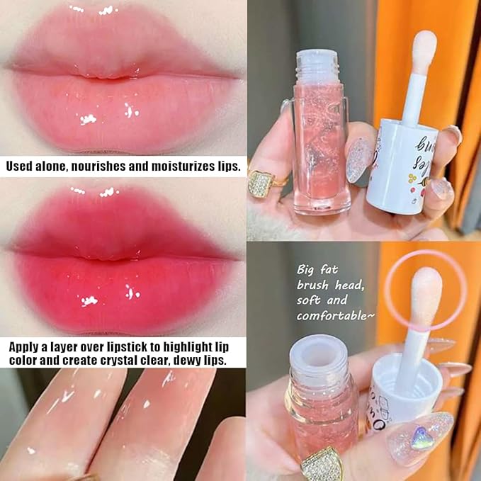 2Pcs Crystal Jelly Moisturizing Lip Oil Hydrating Lip Gloss Set, Korean Big Brush Lip Oil, Long-lasting Nourishing Lip Balm, Plumping Lip Fresh Texture Clear Lip Gloss,Makeup Lip Care Tools