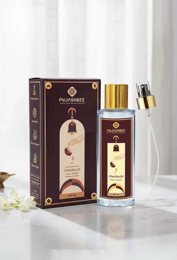 Pujashree 100% Pure Chandan Jal - 100 ML Glass Bottle with Spray Pump | Organic & Natural Sandalwood Water | Soothes, Hydrates Skin & Face Toner | Puja Chandan Sandal Holy Water