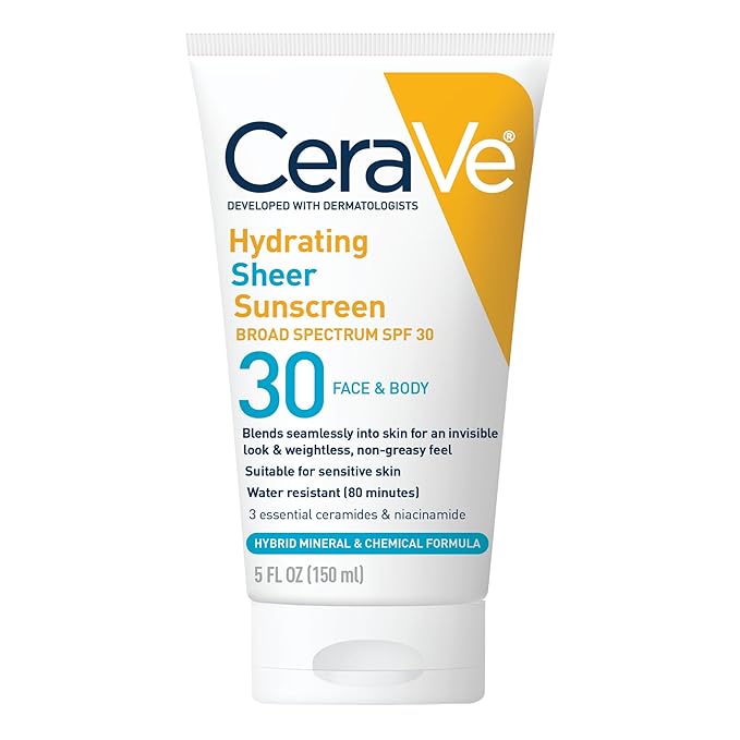 CeraVe Hydrating Sheer Sunscreen with SPF 30 for Face and Body, Mineral & Chemical Sunscreen for Men & Women with Zinc Oxide, Hyaluronic Acid and Ceramides, Paraben-Free + Fragrance-Free, 5 Ounces